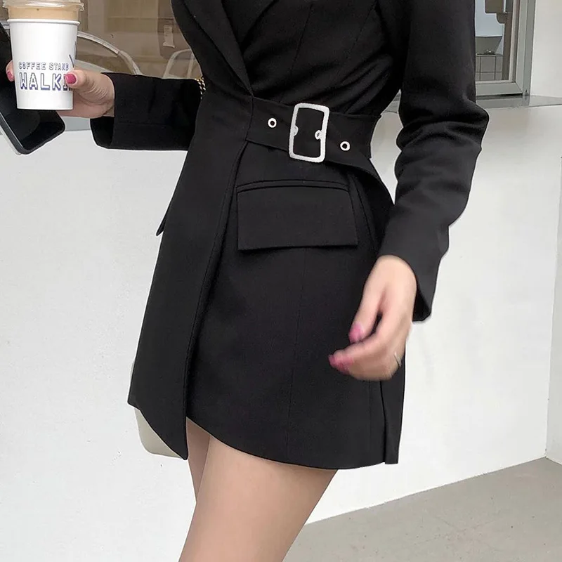 Black Buttonless Office Blazer with Sashes Business Suit Women Solid Colors Mid Length Spring Autumn New Fashion Blazers Korean