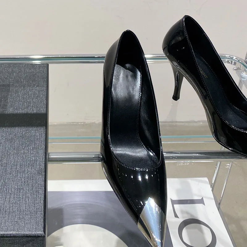 2023 Summer New Metal Pointed Black Lacquer Thin Heel High Heel Shoes Women's Versatile Shallow Mouth Single Shoes