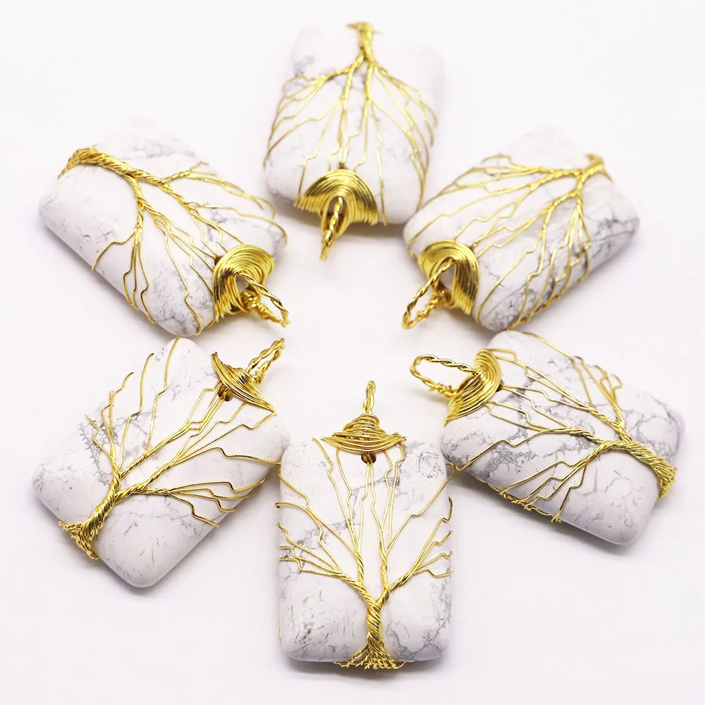 Natural Stone White Turquoise Square Necklace Pendant Gold Wire Winding Handmade Wrap Tree Of Life Charms Jewelry Wholesale 4Pcs