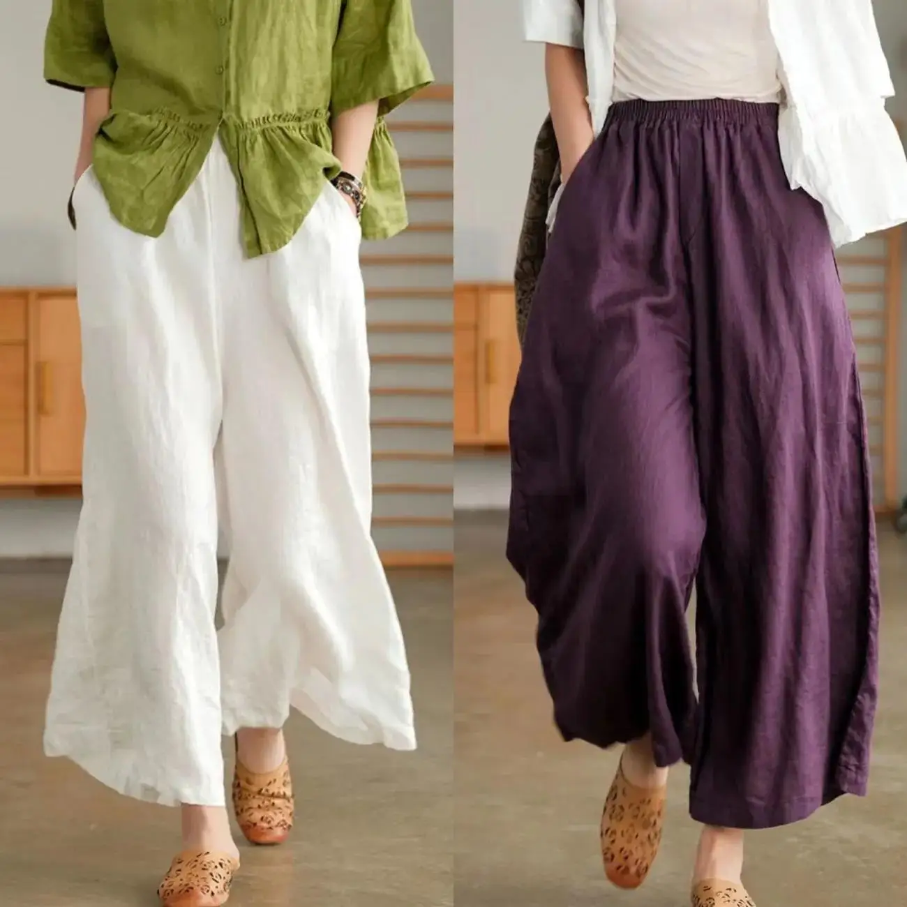 

Summer Women's Cotton Hemp Wide Leg Pants Casual Elastic Waist Straight Capris Loose Breathable Slim Fit Casual Multicolor Pants