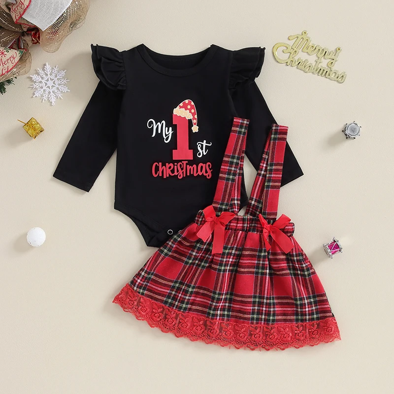 

Рождественское платье для девочек, комбинезон с длинным рукавом и надписью и юбка сарафан в клетку, одежда для осени и весны, наряды