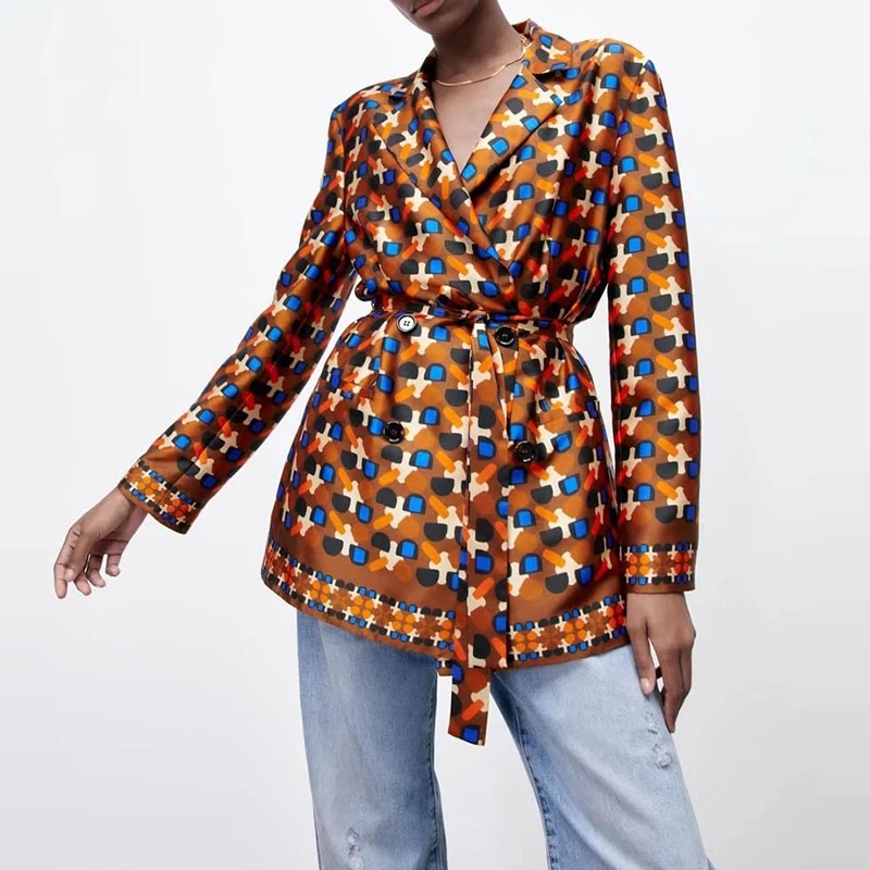 

Spring 2022 Women Geometry Print Blazer With Belt Vintage Notched Collae Long Sleeve Coats Female Streetwear Wear Outerwear Tops