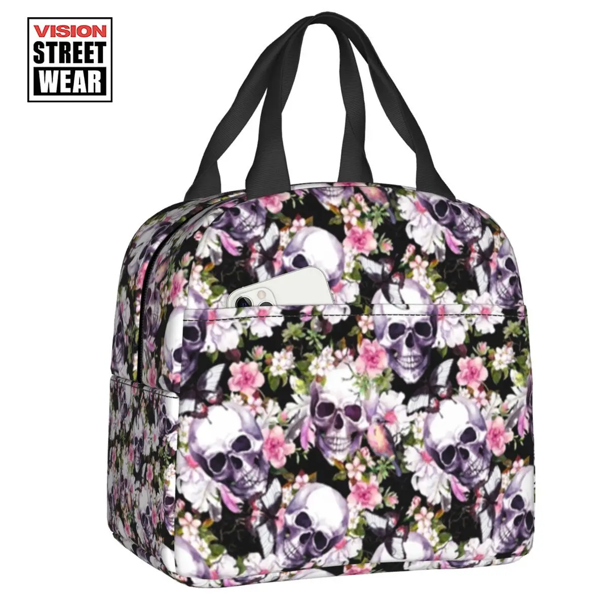 

Floral Skulls Pattern Insulated Lunch Bag For Women Leakproof Cooler Thermal Lunch Tote Office Work School