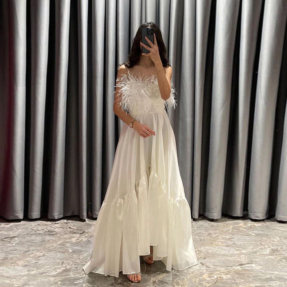 

AsaNagi Ivory Evening DressesStrapless Sleeveless Prom Gowns Women Formal Occasion Dress Feather Floor-Length A-Line 2023