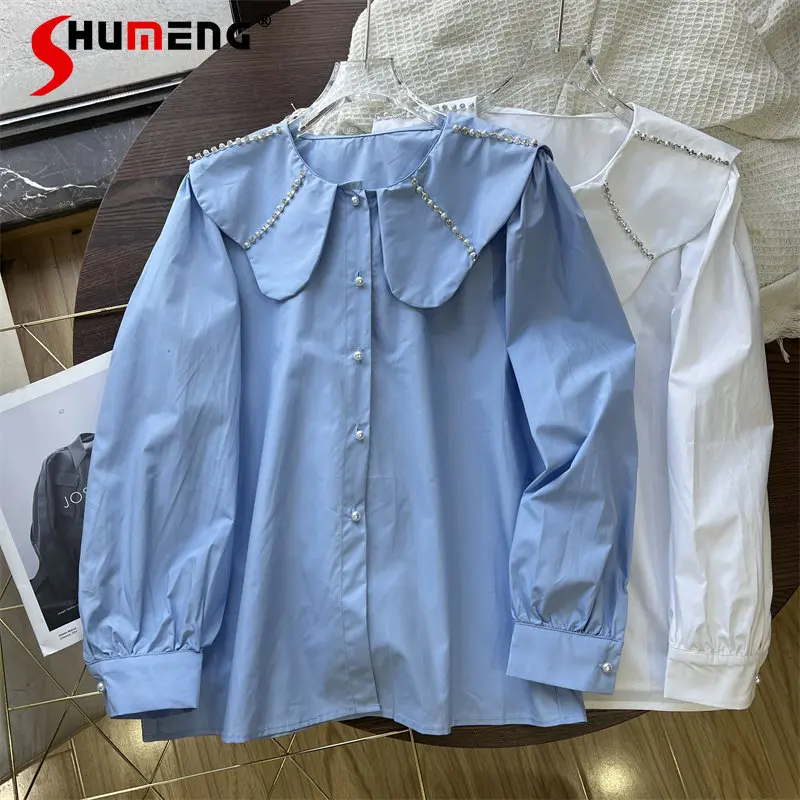 

Early Spring European Goods Petal Doll Collar Heavy Industry Beads Puff Sleeve Tops Youthful-Looking High Quality Cotton Shirt