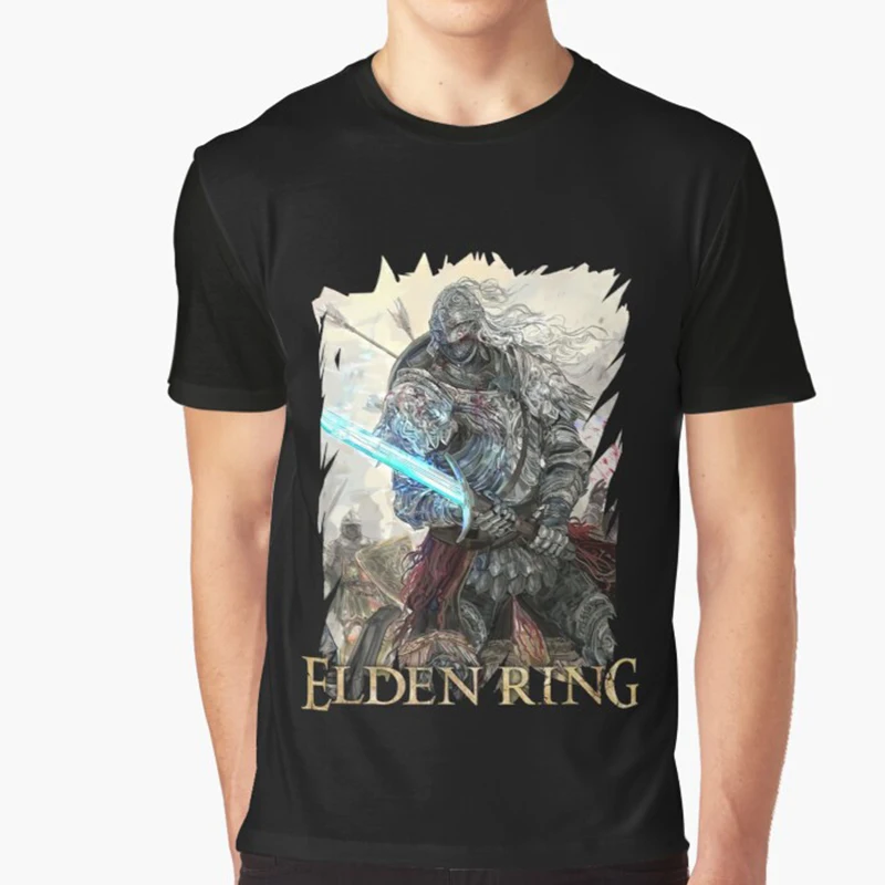 

Elden Ring Knight Shield Retro T Shirt Cool Dark Souls Game Print Tops Women Men O-neck Loose Streetwear Roupas Masculinas