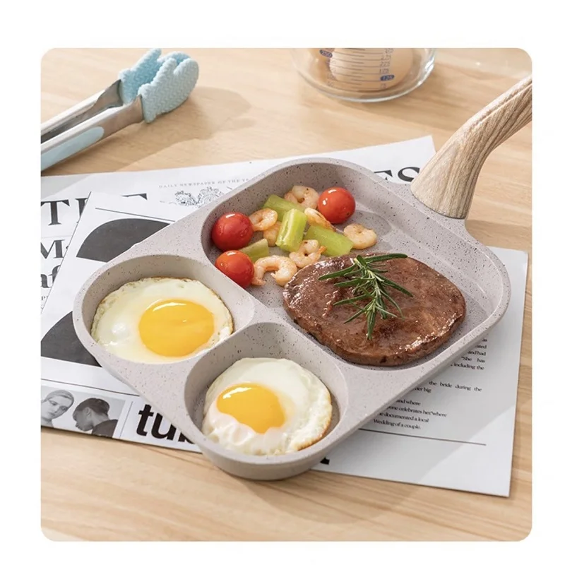 Non Stick Breakfast Burger Egg Pancake Maker Wooden Handle Medical Stone Three Hole Steak Pan White