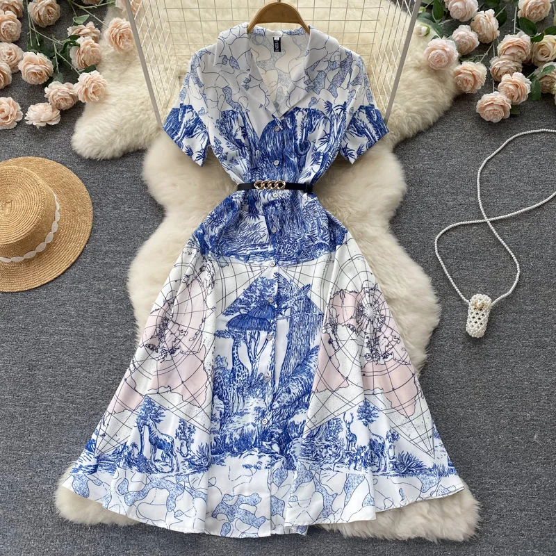 

WEIHAOBANG 2022 Summer Women New Printed Lapel Single Breasted Short Sleeve Belt Casual Dress Medium Length Slim A-line Skirt