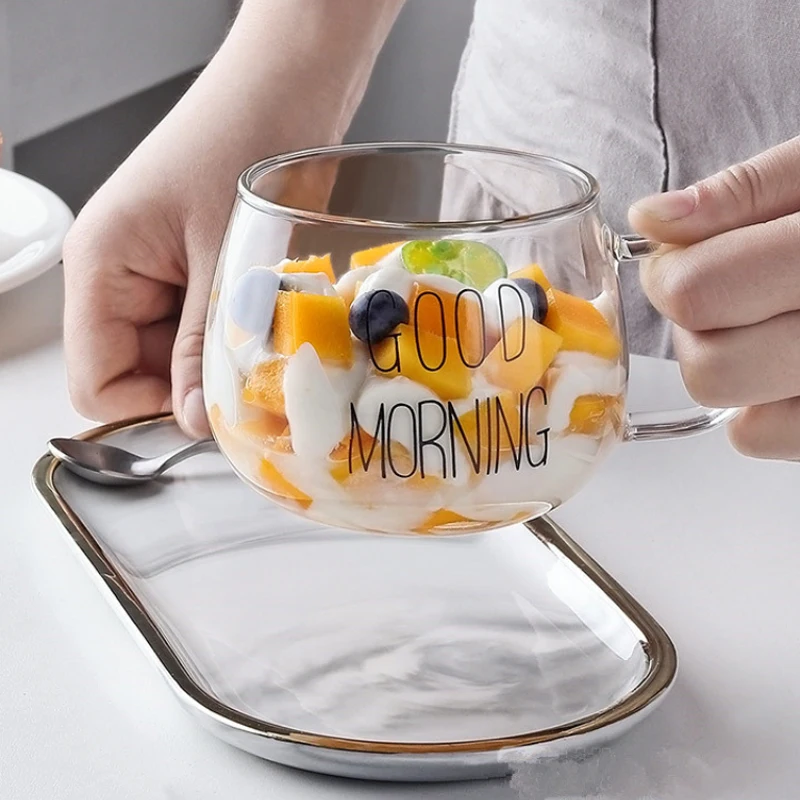 

350ML Transparent Glass Coffee Tea Mug Creative Letter Printed Drinks Dessert Breakfast Milk Cup Mugs Handle Drinkware