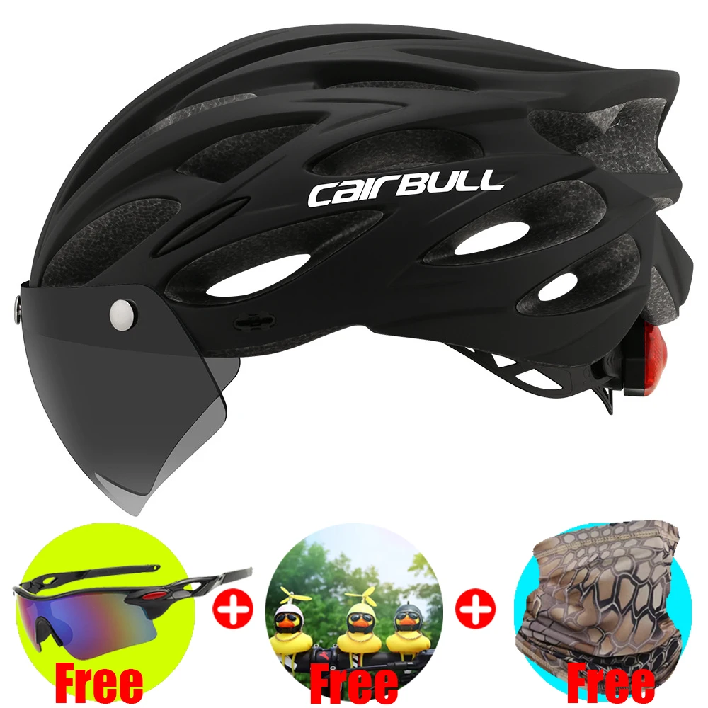

Ultra-light one-piece mountain road bike helmet with lenses and brim tail light light bicycle outdoor hard hat gift glasses