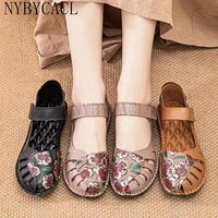new women bohemian vintage style flat heels sandals summer slingback round close toe shoes woman printed genuine leather 2022