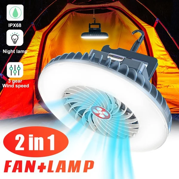 

2in1 LED Multifunctional Waterproof Tent Fan Rechargeable Camping Lamp Portable USB Charging Fan Light Hiking Light
