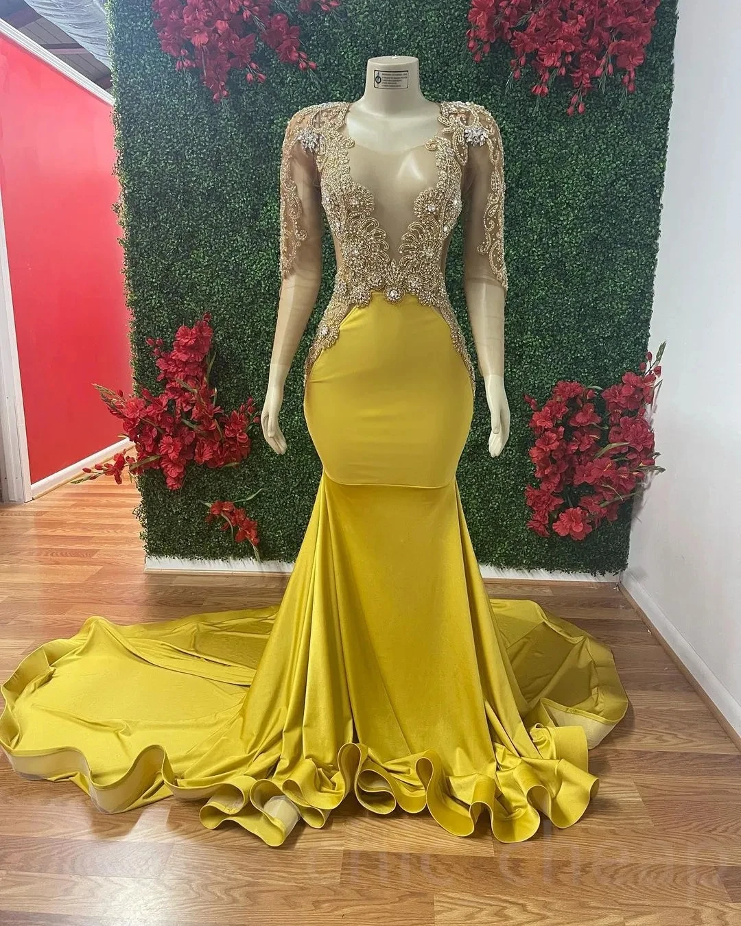 

Gold African American Prom Dresses Mermaid Sheer Long Sleeves Beaded Black Girls Nigeria Saudi Arabia Evening Dresses Gown
