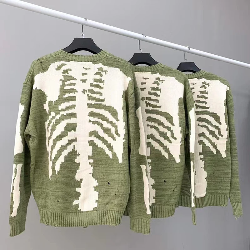 

Мужской зеленый свитер с вырезами капитала, Белый Свободный пуловер с графическим принтом скелета, Женский винтажный трикотажный свитер 1:1