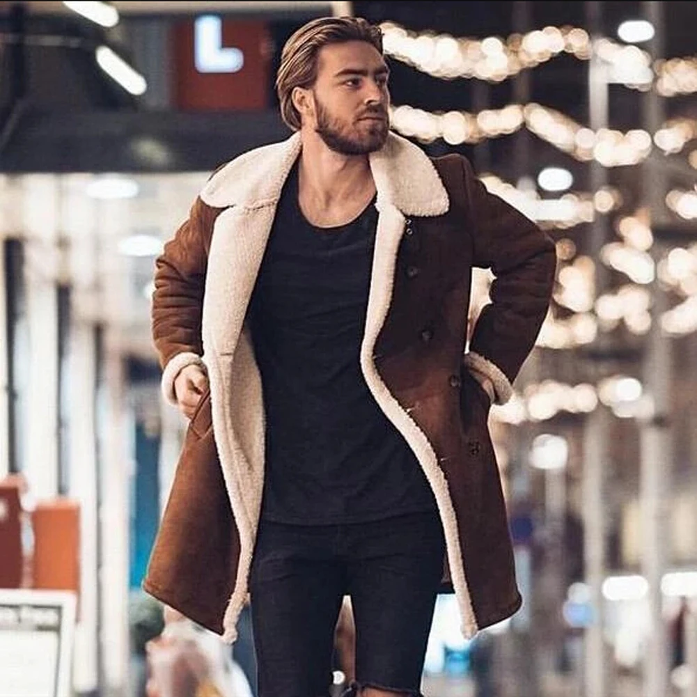 

Fashion Men Faux Fur Lambswool Trench Coat Winter Warm Thicken Jacket Woolen Peacoat Long Parka Overcoat Tops