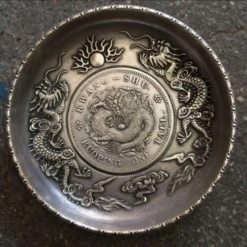 

Antique Tasted Silver Gilding In Ancient China Dragon Playing Bead Plate