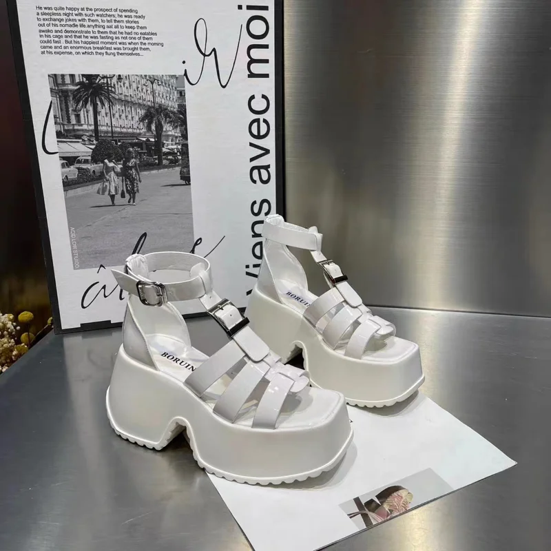 Summer Women Shoes Apricot Black Genuine Leather Roman Sandals Buckle Strap Open-Toe Thick High Heels Casual Lady Sandal