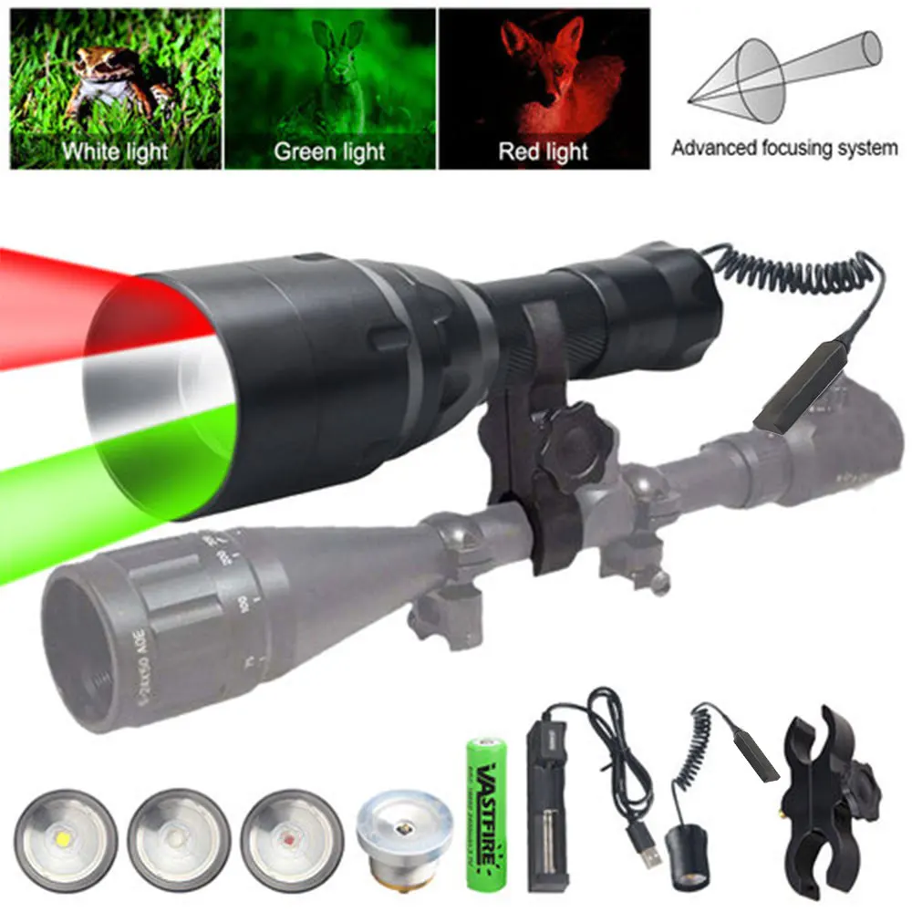 VASTFIRE  White/XPE Green/Red/IR Led Tactical Night Hunting Flashlight Weapon Gun Light+Remote Switch+18650+USB Charger