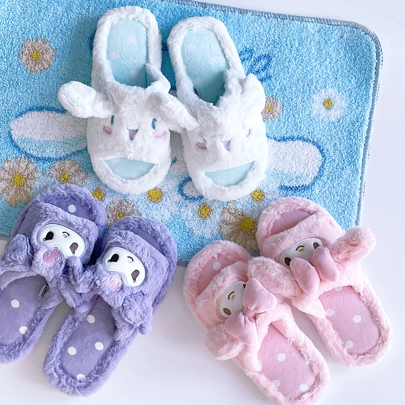 

Kawaii открытые хлопковые туфли Sanrio Mymelody Cinnamoroll Kuromi милые Нескользящие плюшевые зимние теплые домашние рождественские подарки для девочек