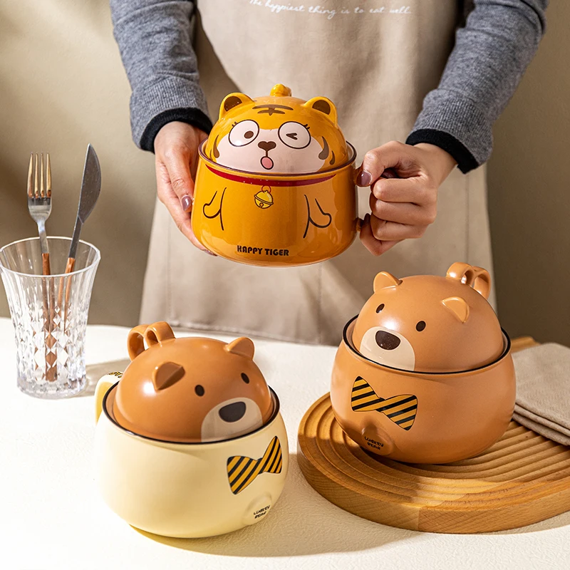 

Cartoon Bear Tiger Ceramic Soup Bowl With Lid Salad Fruit Bowl Office Worker Student Instant Noodle Bowl Kitchen Tableware