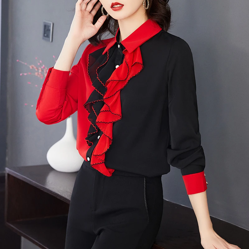 

Silk Satin Loose Women's Shirts New Fashion Blouse Splicing Polo Top Spring Casual Long Sleeve Korean Style Female Clothing