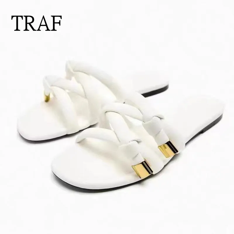 

TRAF White Slippers Women 2023 Summer Fashion Flats Sandals For Women Casual Slippers Open Toe Sandals Metal Buckled Flat Shoes