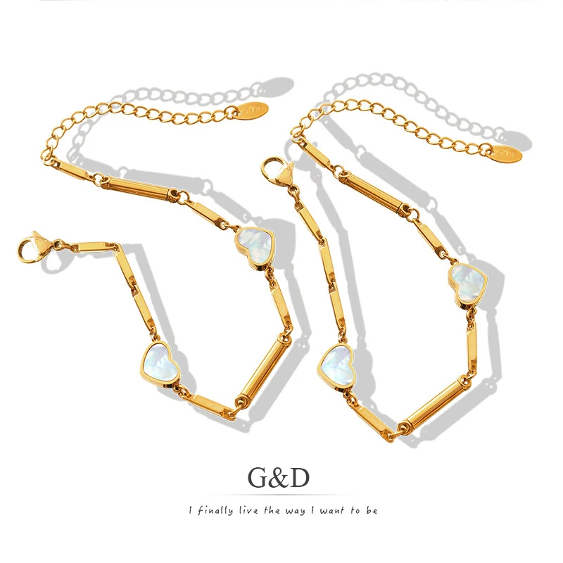 

G&D Trendy White Heart Shell Charm Link Bracelets for Women Stainless Steel Gold/Silver Color Bracelet Waterproof Summer Jewelry