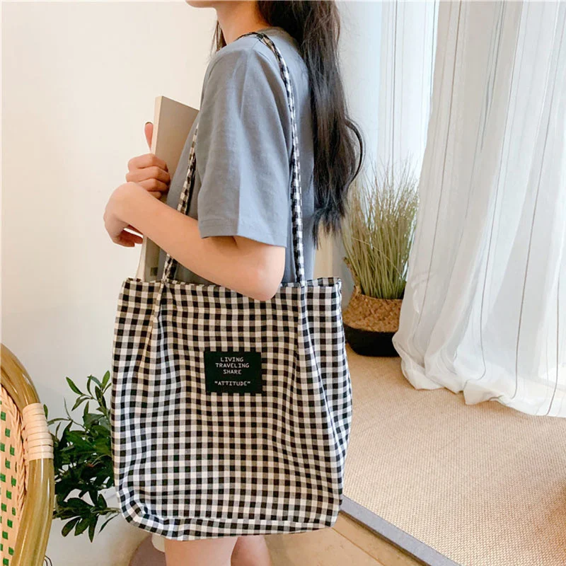 

Women Plaid Canvas Shoulder Bag Female Cotton Cloth Bag Eco Environmental Shopping Bag Girl Simple Literary Checked Handbag Tote