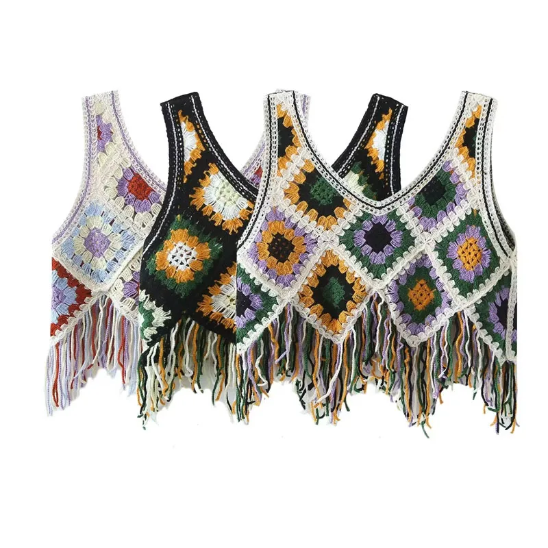 

OUMEA Women Crochet Fringed Tank Tops Summer Sleeveless Bohemian Style Retro Beach Cotton Tops Plaid Patchwork Chic Hot Tops