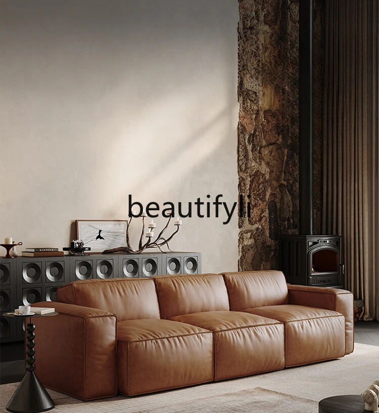 Квадратный кожаный диван Tofu из вощеной кожи в скандинавском стиле полностью для