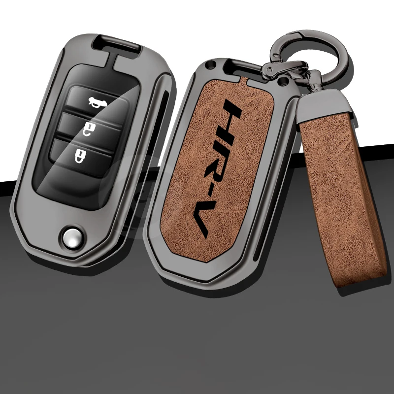 

Zinc Alloy Leather Flip Car Key Case Cover For Honda HR-V Keychain Key Fob Keybag Accessories Holder Keyless Protection