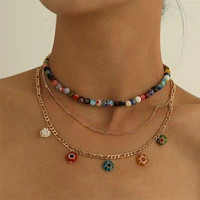 summer beach color beaded glaze necklace womens fashion multi layer overlay flower necklace