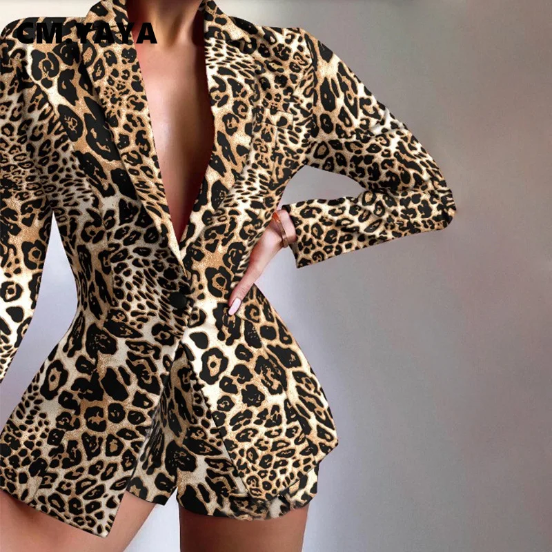 CM.YAYA Women's Set Elegant Blazer Tops and Shorts Suit Matching Two 2 Piece Office Lady INS Leopard Chian Tie Dye Outfits |