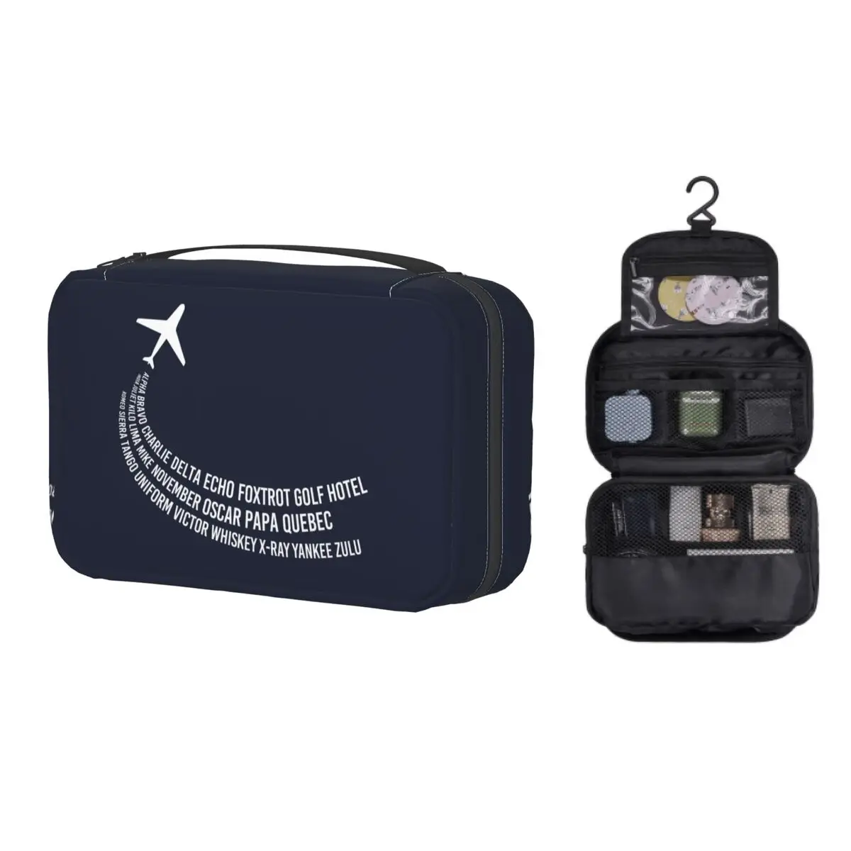 

Phonetic Alphabet Pilot Airplane Makeup Bag Women Travel Cosmetic Organizer Cute Aviation Aviator Hanging Storage Toiletry Bags