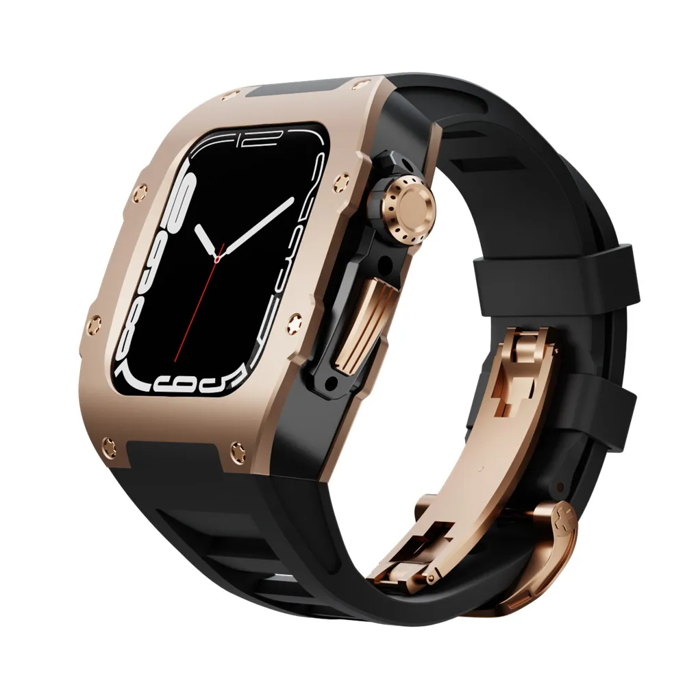 

Modification Kit Luxury Metal Titanium Steel Case Bracelet for Apple Watch Band 8 7 45mm Rubber Strap for IWatch 7 6 5 4 SE 44mm