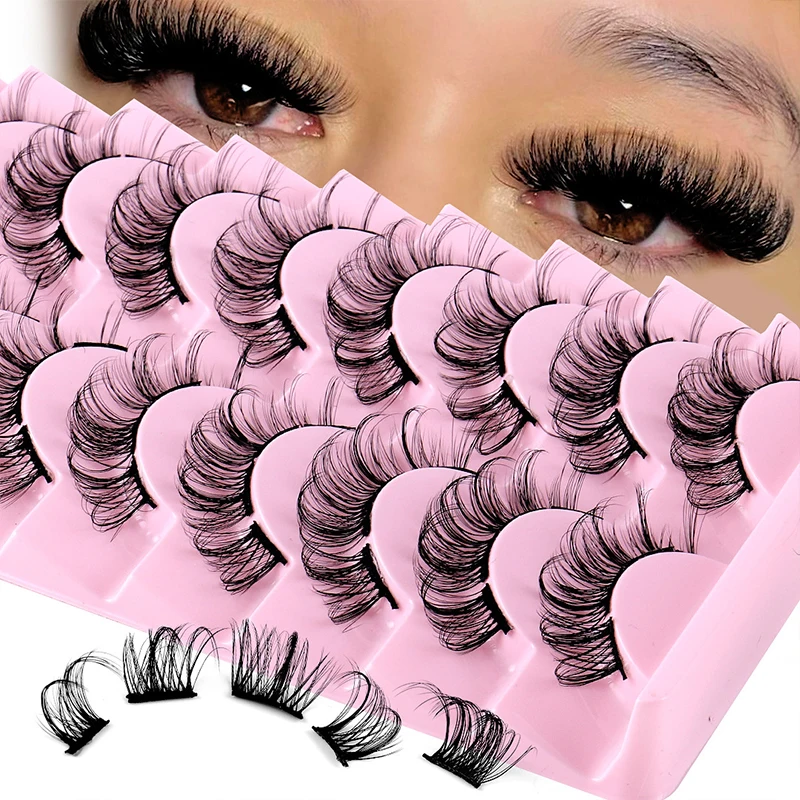 

New 10 Pairs DD Curl False Eyelashes Russian Strips Lashes Segmented Long Thick Lash Extension Natural Fluffy 3D Mink Lashes