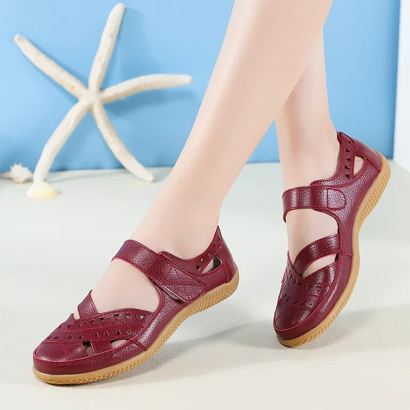 

2022 New Genuine Leather Women's Summer Sandals Cut-Outs Woman Flats Shoes Breathable Female Beach Loafers Soft Mother Shoe