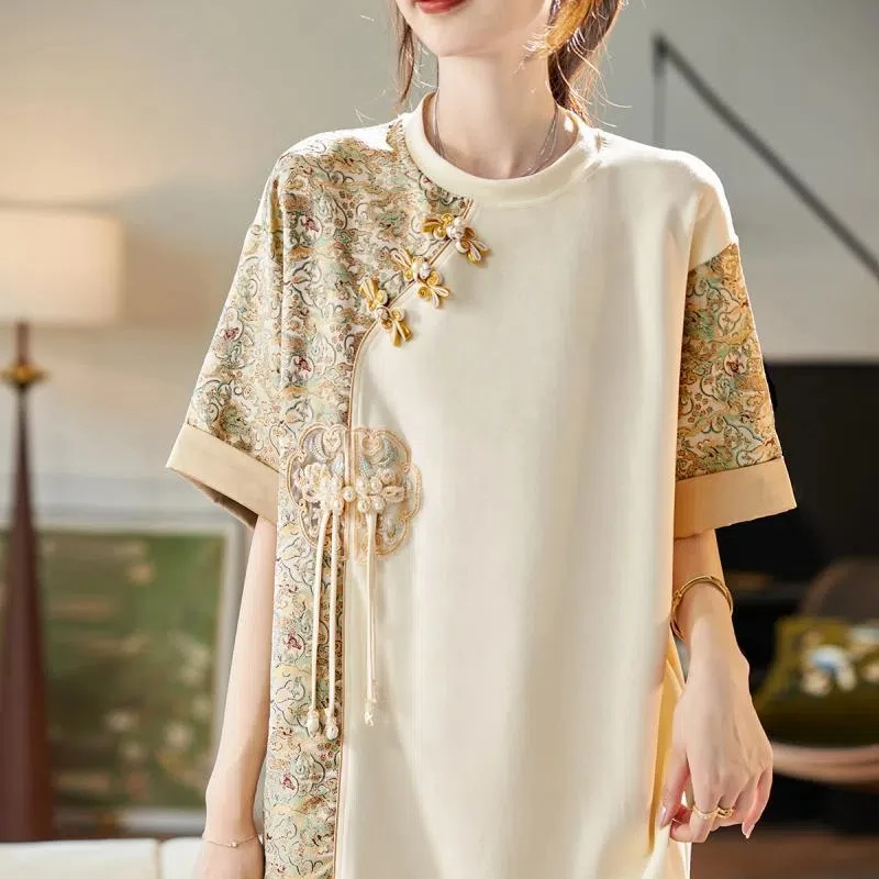 Весенне-летняя модная женская одежда с круглым вырезом и коротким рукавом