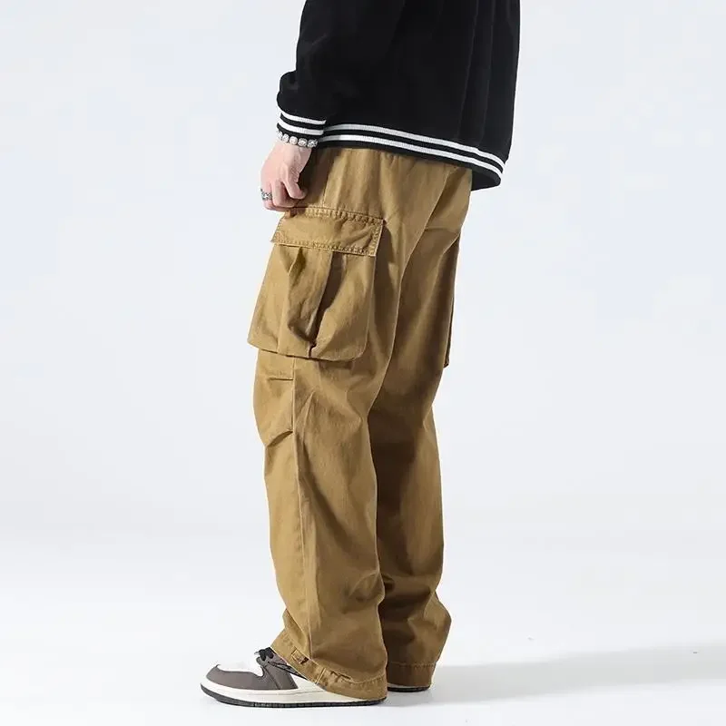 Брюки-карго мужские прямые широкие штаны цвета хаки с несколькими карманами