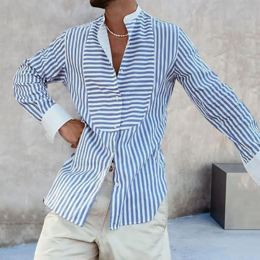 

Trendy Vertical Striped Print Casual Shirt Anti-pilling Cardigan Shirt Men Vertical Striped Print Shirt Daily Garment