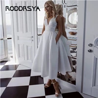 roddrsya%e3%80%80short wedding dresses satin a line v neck sleeveless lace sexy open back white tea length customize robes de mariee
