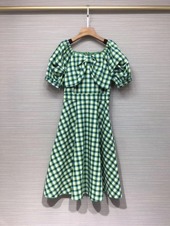 

2022 new women fashion bow plaid square neck puff sleeves A-line hem waist dress 515