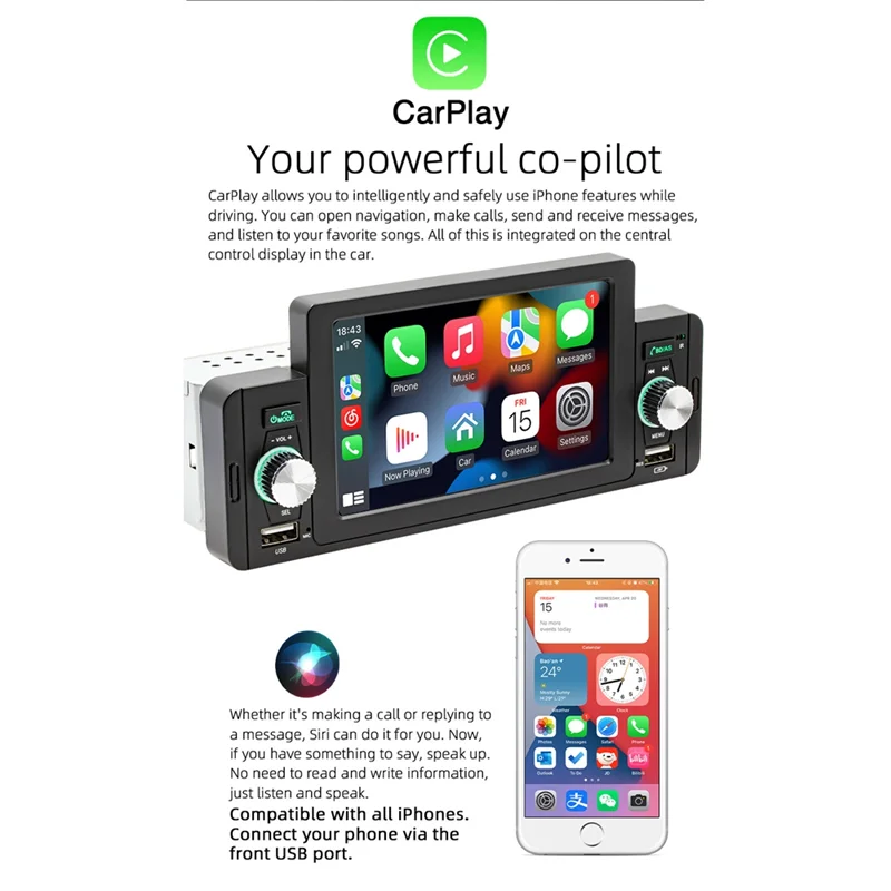 

5 Inch Car Radio 1 Din CarPlay Android Auto Multimedia Player Bluetooth MirrorLink FM Receiver for Toyota Honda Nissan
