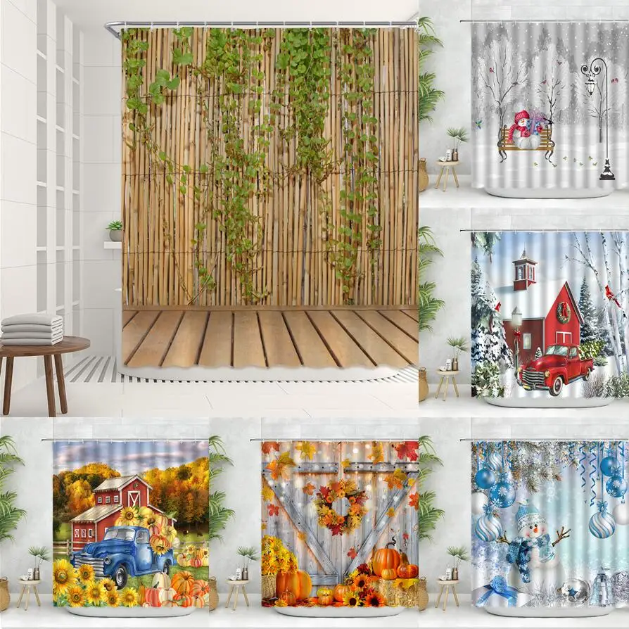 Bamboo Fence Flower Shower Curtain Set Fabric Christmas decor Snowman Red Truck Winter Landscape Aesthetic New Year Bath Curtain