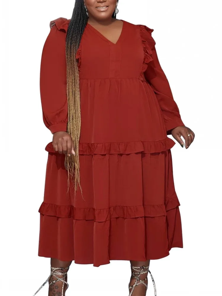 

Big Size African Dresses For Women New Solid Color Lotus Leaf Hem Long Dress Dashiki African Clothing Robe Africaine Femme 2022