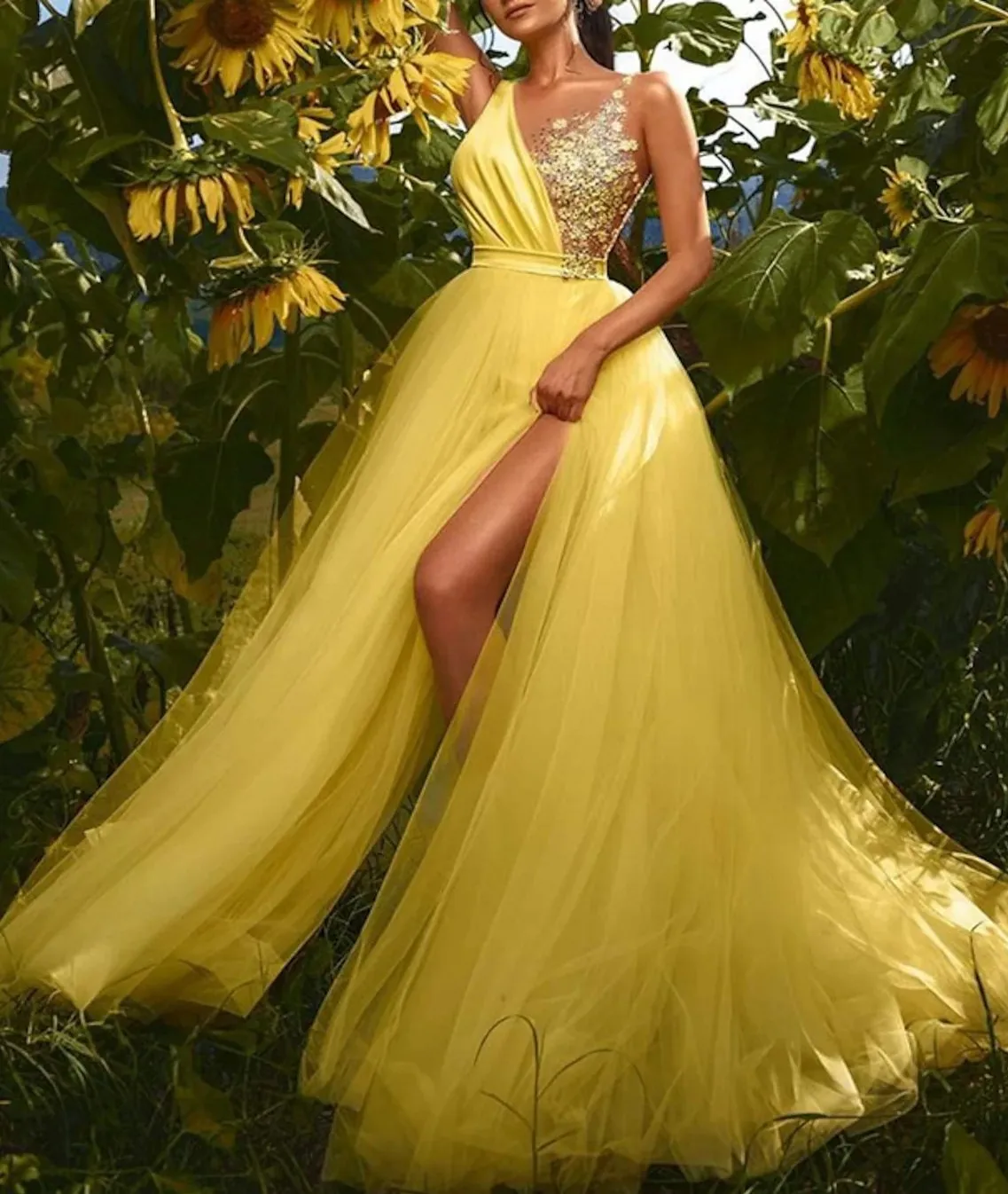 

Daffodil A-line Long Prom Party Dress 2023 Sheer O Neck Sleeveless Flowers Tulle Formal Evening Gowns Robe De Soiree
