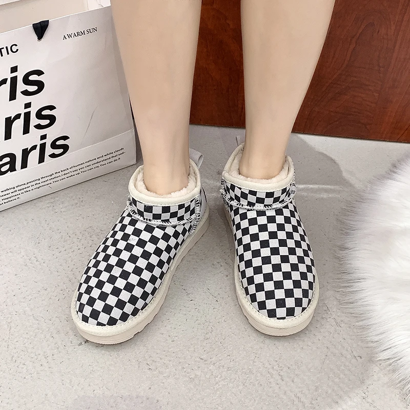 2022 Comfortable Flat Casual Platform Color Blocking Checkered Shoes Ankle Boots Plush Warm  Mujer Women Snow Boots Winter