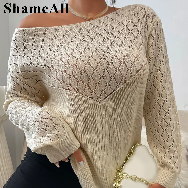 

Plus Size Oversize Cashmere Patchwork Sweater 4xl Fall Sexy Big Round Neck Hollow Out Thin Knitted Pullover Fashion Tops Jumpers