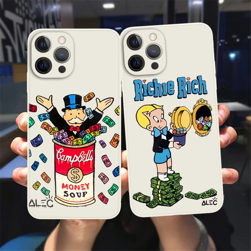 

Hot Cartoon Dollar Alec Monopoly Phone Case For iPhone13 12 11 14 Pro Max XSMax XR X 14Plus White Silicon Soft Bumper Back Cover