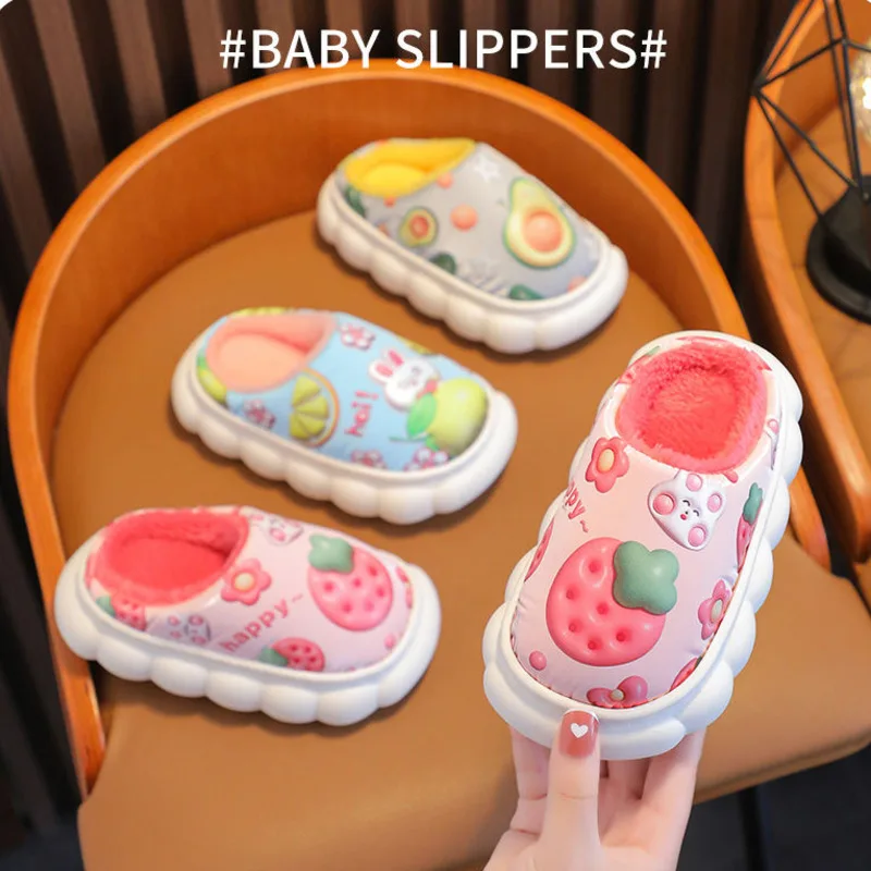 

Rabbit Avocado Children Slippers Winter Cartoon Printed Warm Slippers For Kids Plush Soft Sole Anti Slip Boys Girls Floor Shoes